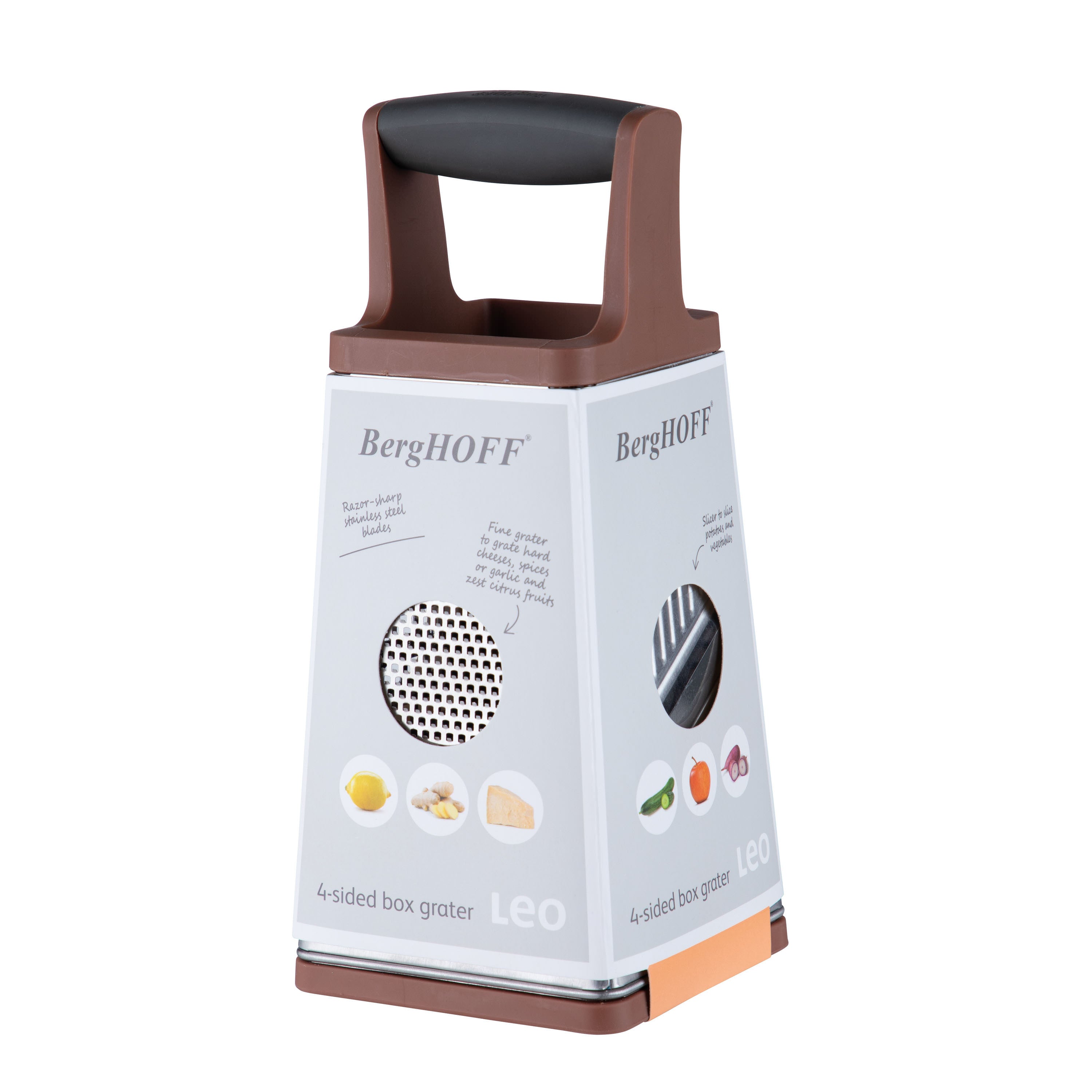 BergHOFF 4-Side Box Grater - Coarse, Fine, Zester and Ultra-Coarse Stainless Steel Blades with Soft-Grip Handle
