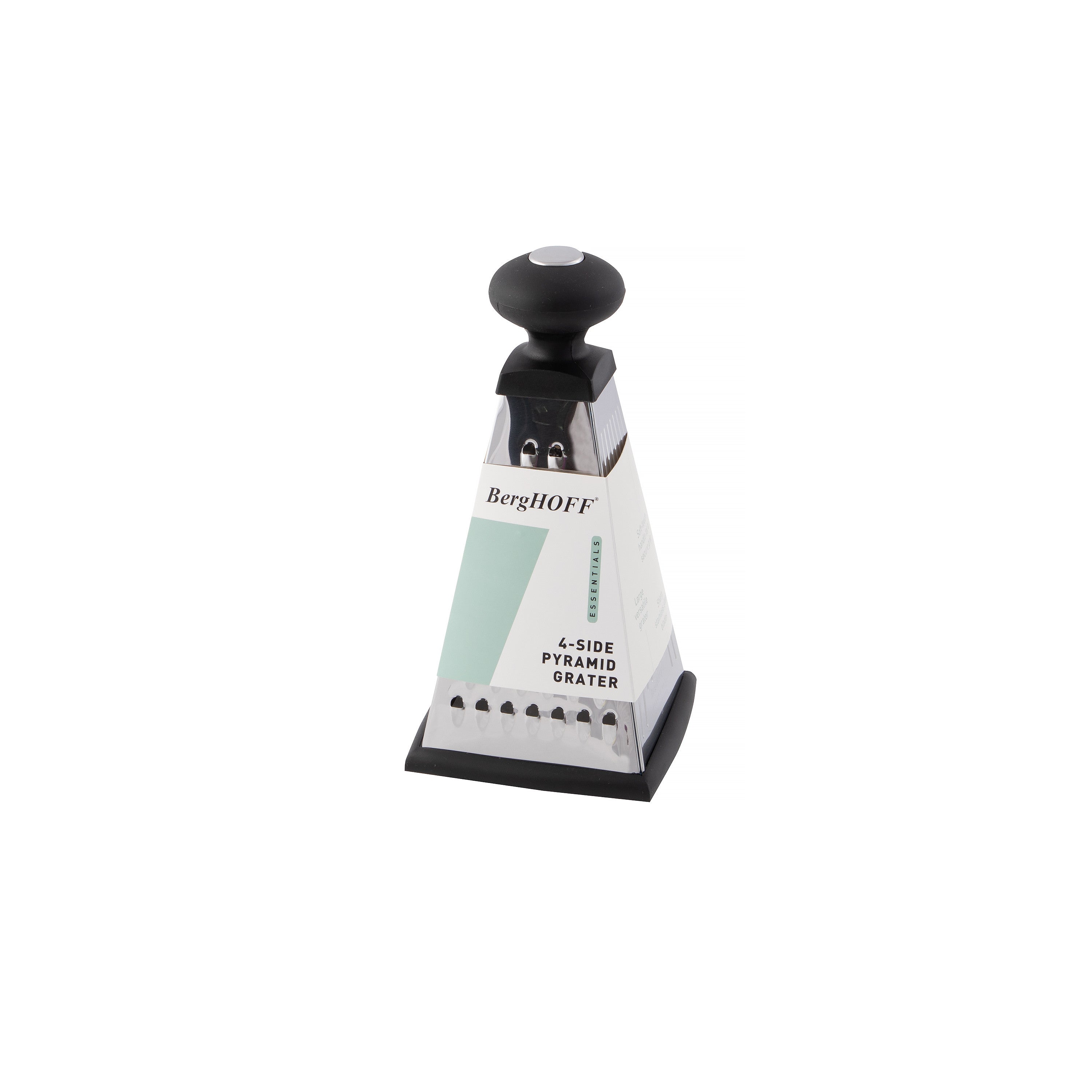 BergHOFF 4-Side Pyramid Grater - Stainless Steel with Soft-Touch Handle and Rubber Base for Zesting and Slicing