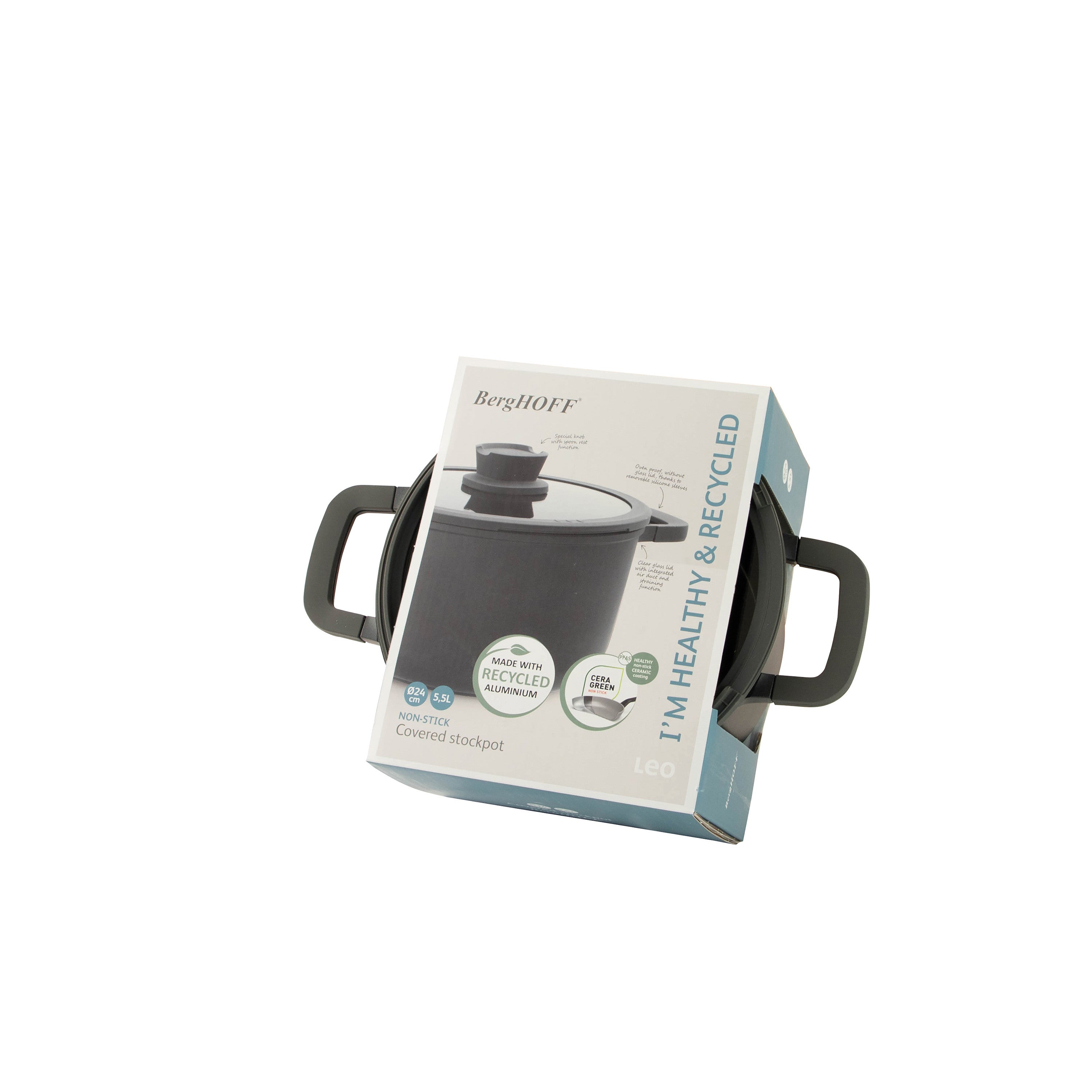 BergHOFF 24cm x 14cm Tall Stockpot - Stone+ Series with Glass Lid & Eco-Friendly Non-Stick Coating